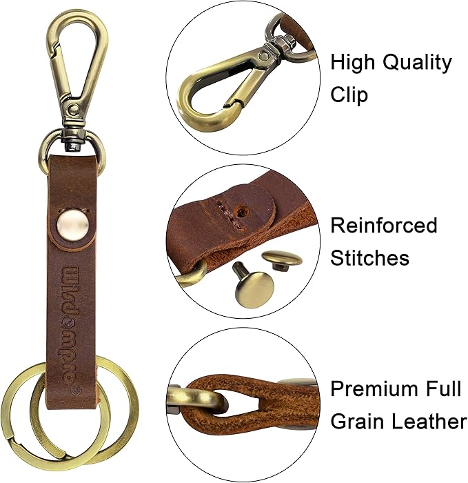 Wisdompro 2 Pcs Genuine Leather Keychain, Key Chain with Belt Loop Clip for Keys