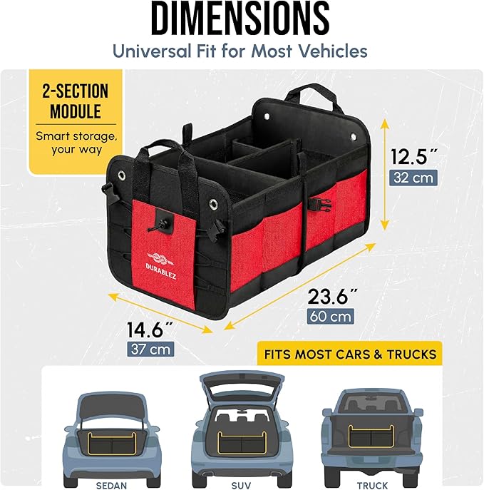 2-Section Foldable Trunk Organizer – Compact Car Storage for Groceries, Kids Items, Travel Gear – Dual-Compartment Cargo Bin with Cover Net – Red