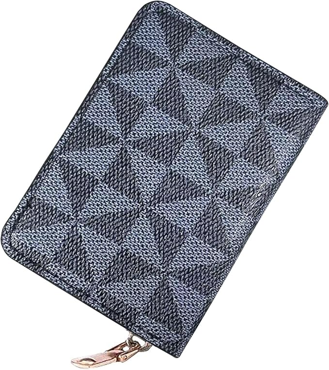 Ladies change card bag, zip storage bank card case, small portable 11 large capacity pouch, holds banknote change credit card(Triangular pattern black)