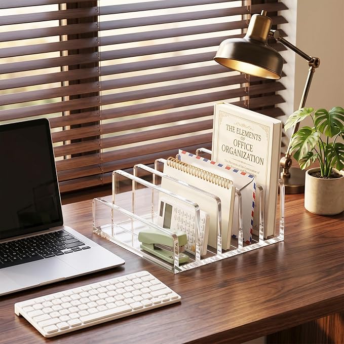 Clear Acrylic Mail Holder, 5-Compartment Vertical Letter Organizer for Desk, Space-Saving Desktop Files, Bills& Notebooks Holder for Home, Office & School