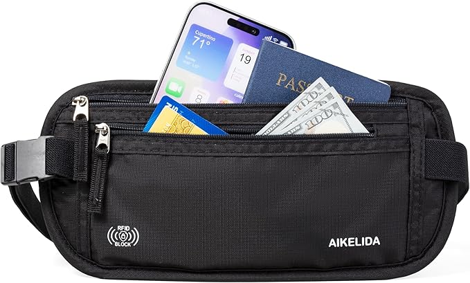 RFID Blocking Money Belt - Passport Holder & Travel Wallet, Slim Hidden Fanny Packs for Women Men - Black