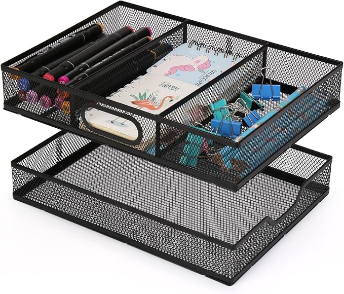 Office Drawer Organizer, 2 Pack Metal Mesh Desk Draw Divider, Versatile Desktop Organizer Tray to Keep Supplies Tidy and Easy to Access, Stackable A4 Paper Holder Tray