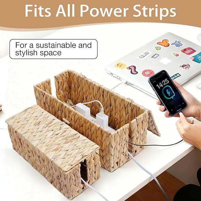 Cable Management Box with Lids-Handwoven Rattan Cord Organizer with Open Slots,Desk Organizer Box to Hide Power Strips&Cords,Office Desk Accessories Storage Basket,2 Pack