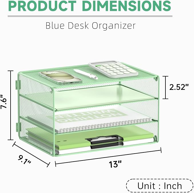 DALTACK 3 Tier Letter Tray Paper Organizer for Desk, Mesh Metal Desk File Organizer with Sliding Trays for Letter/A4 Paper, Mail, Bills & Folders, Mint Green