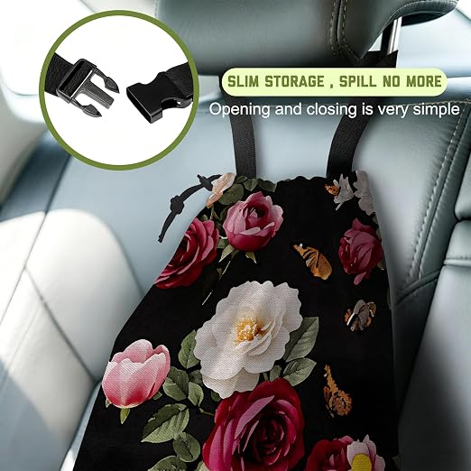Car Garbage Bag Vintage Roses Floral Butterflies Hanging Canvas Car Trash Bag Waterproof Drawstring Car Back Seat Organizer for Car Back Front Seat Console with Adjustable Buckle