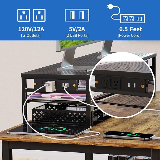 Simple Trending 2 Tier Metal Monitor Stand Riser with USB 2.0 and Charging Prot , Computer Office Desktop Organizer for 2 Monitors with 2 Drawer Storage and Reusable Cable Ties for Printer, TV, Black