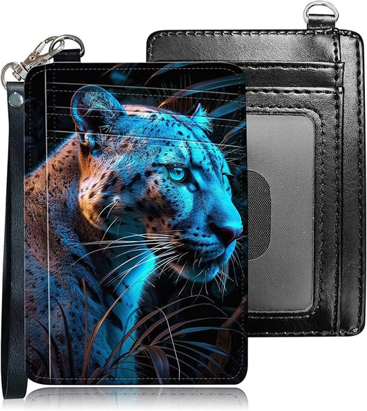 Slim RFID Blocking Card Holder Wallet with Wrist Strap - Minimalist Front Pocket Wallet, Blue leopard Design, PU Leathe, for Men & Women, Ideal for Travel & Gifts