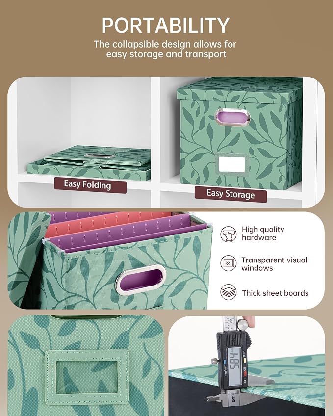 Oterri 2 Pack File Storage Organizer, Document Organizer, Portable File Box with Lid, Fit for Letter/Legal File Folder Storage,Leaf Green-Box only