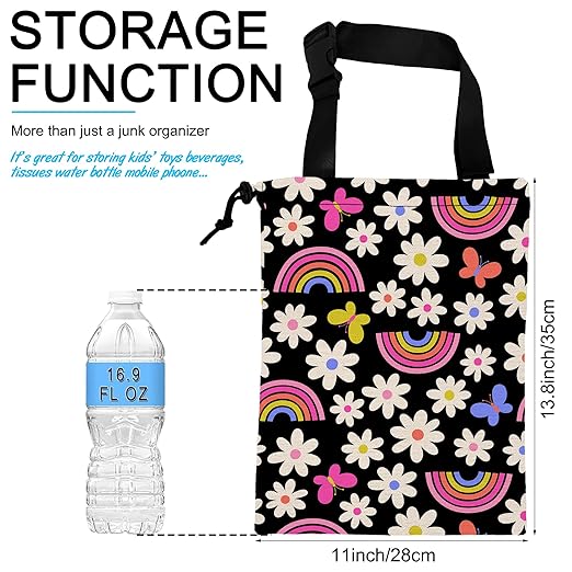 Car Trash Bag Daisy Rainbow Butterfly Car Garbage Bag Hanging Car Trash Can for Back Seat with Drawstring, Waterproof Garbage Bags for Car Accessories Vehicle Travelling Camping Outdoor