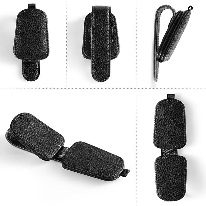 SINGARO Sunglasses Holder for Car, Leather Magnetic Buckle Sun Visor Sunglass Clip, Ticket Card Storage Glasses Clip, Car Interior Accessories for Men and Women（2PCS Black）