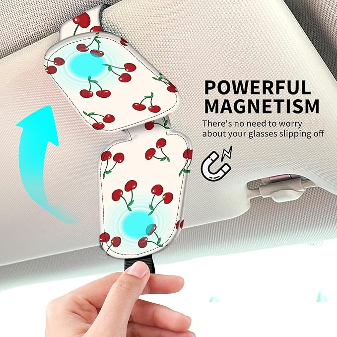 Leather Magnetic Sunglass Holder for Car Sun Visor, Cute Eyeglass Ticket Card Hanger Clip, Universal Auto Interior Accessories for SUV Pickup Truck Cute Red Cherry