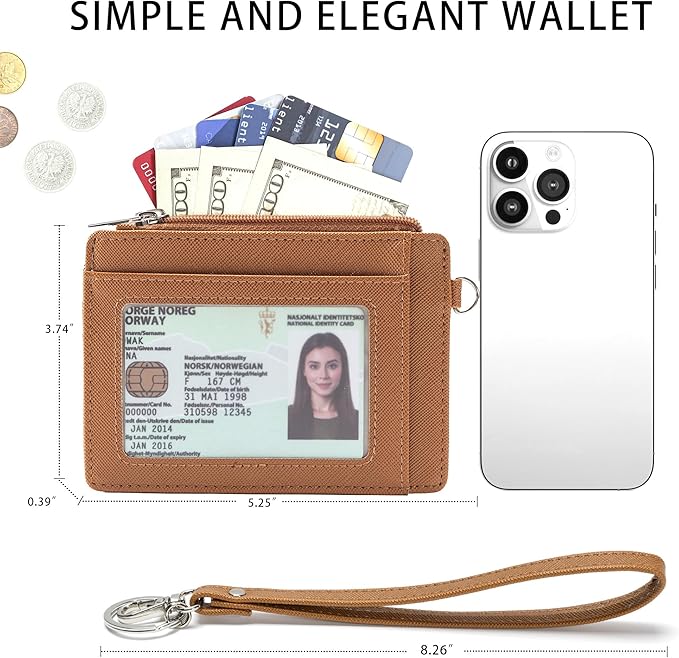 SEAVILIA Small Wallet for Women Slim Wristlet Keychain Wallets RFID Credit Card Holder With Zipper Pocket, ID Window (Brown)