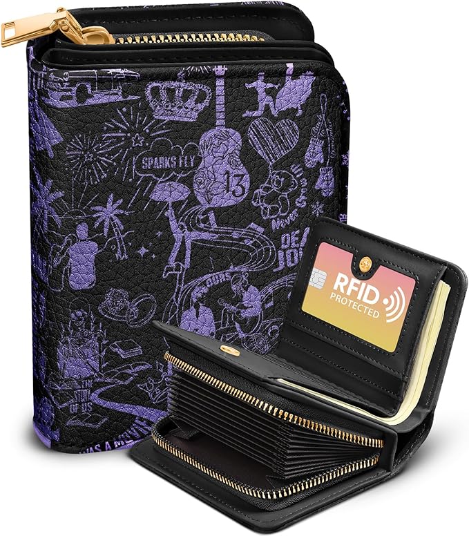 Bistup Credit Card Holder Wallet for Women Cute Leather Ladies Teen Girls Female Cardholder Wallets Accordion Purse Small Medium Aesthetic Print Merch Unique Modern Y2k Rfid Zipper Around