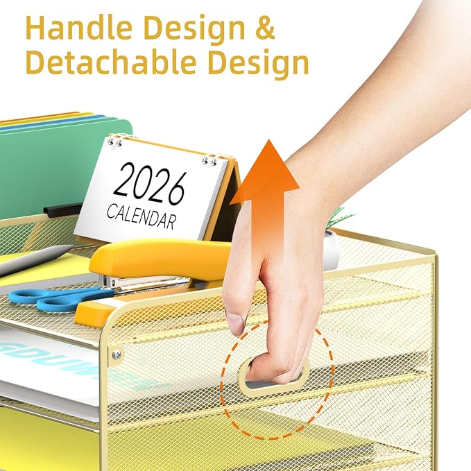 SUPEASY Mesh Desk Organizer with File Holder, 5-Tier Paper Letter Tray Organizer with Magazine Holder, Desktop Organizer and Storage with Drawer for Office Supplies Home or School (Golden)