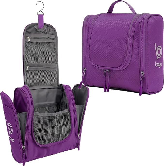 Bago Travel Toiletry Bag for Women and Men X-Large Waterproof Hanging Large Toiletry Bag for Bathroom and Travel Bag for Toiletries Organizer -Travel Makeup Bag (Purple)