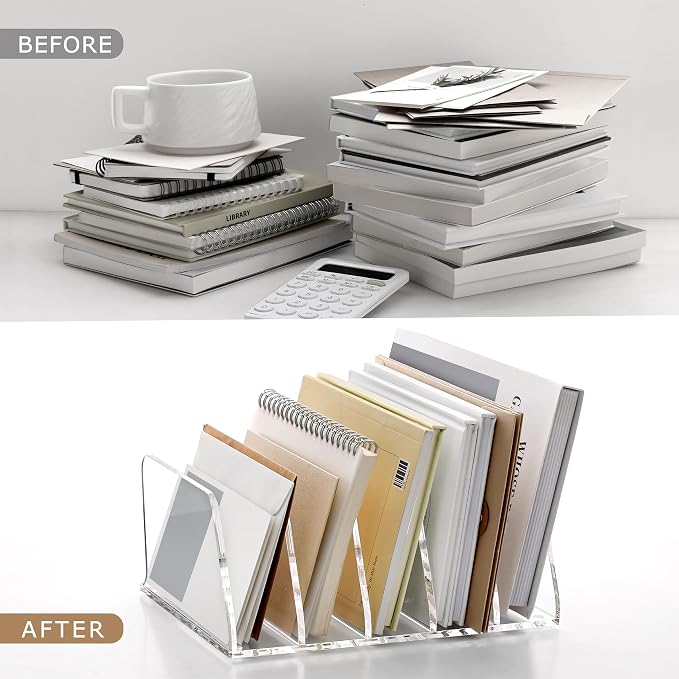 SANRUI Acrylic Mail Sorter Desktop Organizer, 5 Compartments Clear Small File Script Letter Document Storage for Desk Bill Filling Envelope Holder Office, Home, School Organization