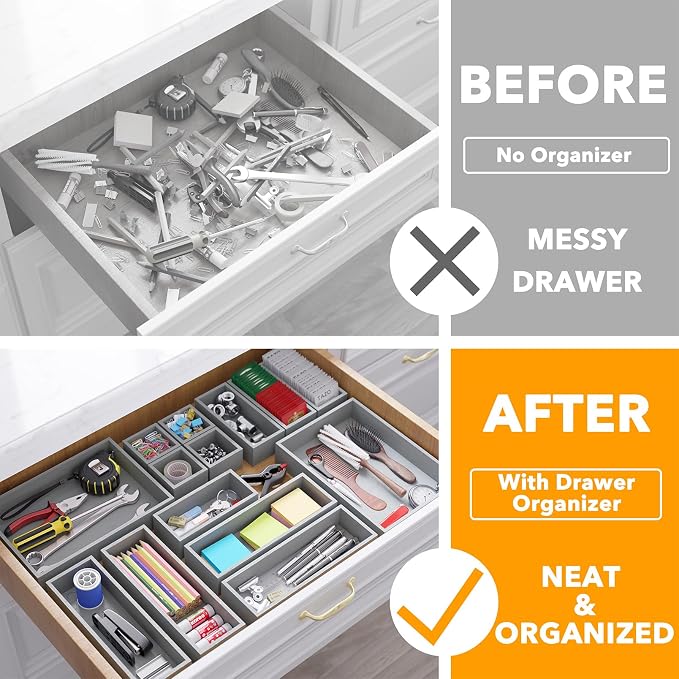 SpaceAid 14-Piece Bamboo Drawer Organizer Storage Boxes Set, Wood Tray Junk Drawer Organizers Multi-Use Divider Bins for Kitchen, Bathroom, Office Desk and Makeup Organization (14 Pack, Gray)