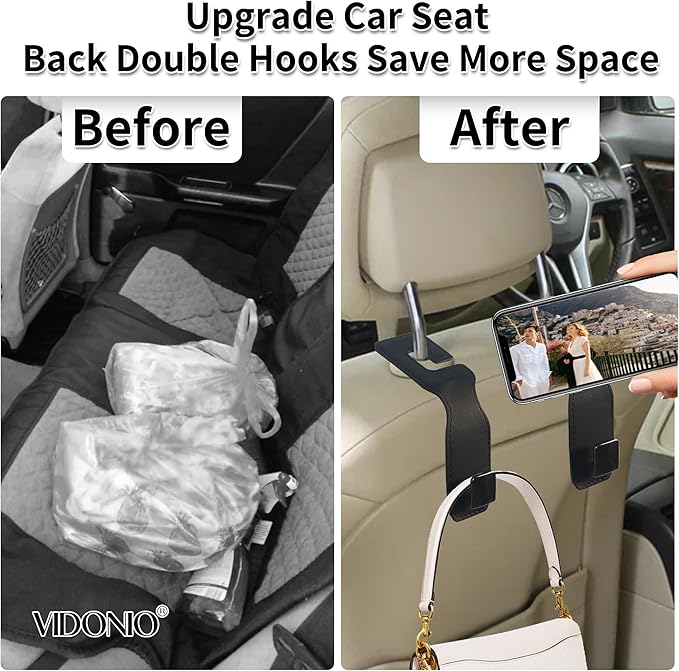 Vidonio Upgrade Car Seat Headrest Hooks & Mobile Phone Holder, Universal Hidden Multifunctional Car Organizers, Leather (Black)