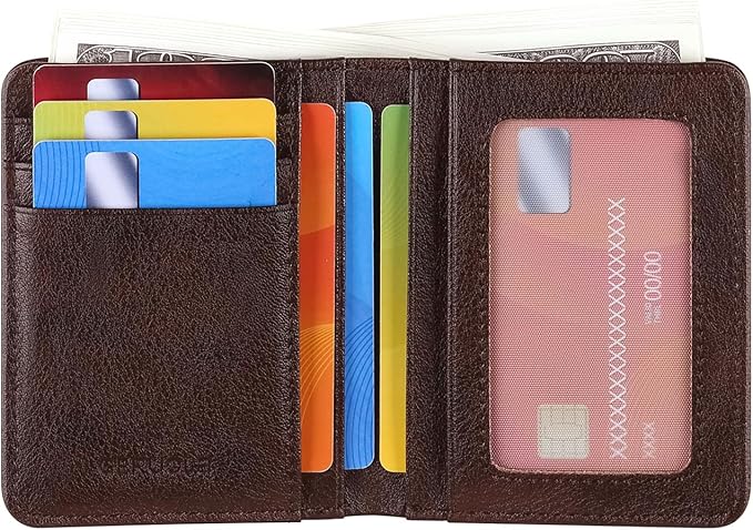 Bifold Slim Men Wallet Genuine Leather Thin, Small Vertical RFID Blocking Wallets for Men ，Compact & Stylish with Clear ID Windows (Coffee)