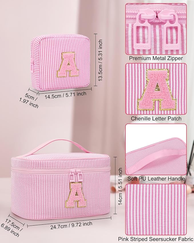 MONSTINA Preppy Chenille Makeup Bag|Personalized Initial Bags with Zipper,Cute Makeup Pouch Stripe Cosmetic Bag,Birthday Gift for Daughter|Preppy Things for Girls,2PCS Pink Q