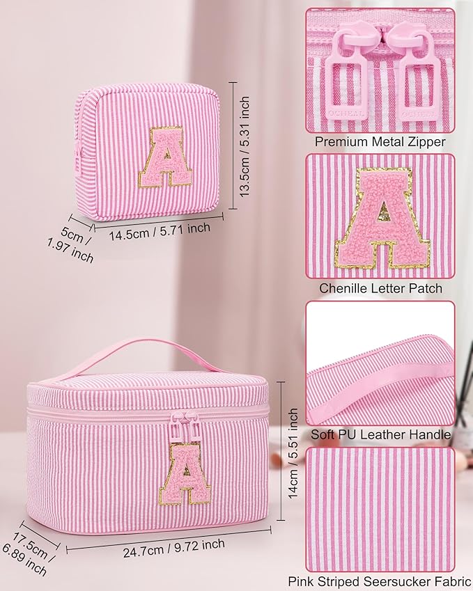 MONSTINA Initial Makeup Bag - Personalized Monogram Cute Makeup Bags,Make Up Case for Women Her Best Friend Friendship Sister Teacher,Birthday Gifts for Women,Girls Makeup Toiletry Bag Pouch,Pink R
