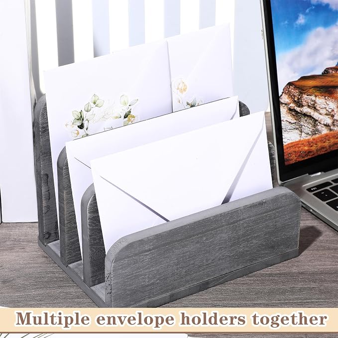 Briwooody Wooden Mail Organizer 3 Slots Mail Holder for Desk Wood File Paper Letter Holder for Letter Envelope Filing Cell Phone Document Storage, Organizer Tray for Office and Home(Grey)