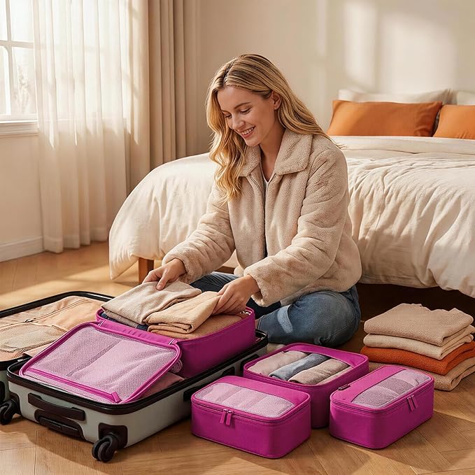 4 Piece Compression Packing Cubes for 3–7 Day Travel, Space Saving Travel Organizers with Breathable Mesh, Double-Zipper Packing Cubes for Carry-On & Suitcases (Red)