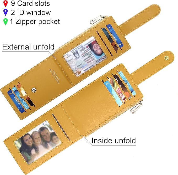 Badiya Slim Women Wallet RFID Blocking Bifold Compact 9 Card Slots Holder Wallets Soft Leather with Zipper Coin Pocket 2 ID Window