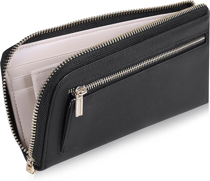 VISOUL Womens Leather Long Zip Around Clutch Wallet with Coin Pocket 12 Card Slots, Slim Thin RFID Blocking Cash Wallets for Women Large Capacity Organizer (Black and Ivory)