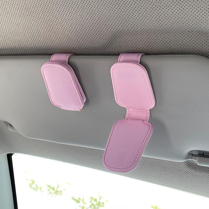 KIWEN Sunglasses Holders for Car Visor, Magnetic Leather Glasses Eyeglass Clip for Car, Ticket Card Clip Sunglasses Mount, Car Visor Accessories Gadgets (1, Pink)