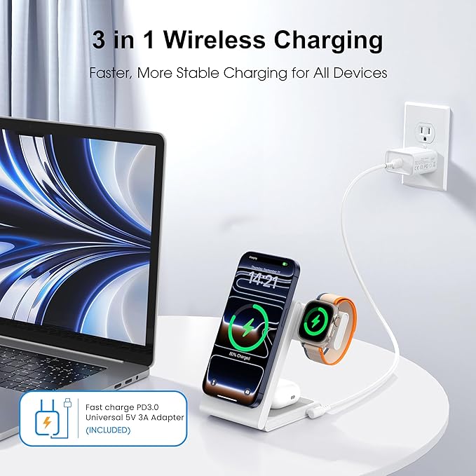 New Travel Foldable 3 in 1 Wireless Charging Station for Apple Magsafe Charger Stand,Fast Magnetic Wireless Charger Station for iPhone 17 Air 16 15 14 13 12 Series,Airpods Pro,Apple Watch Ultra-White