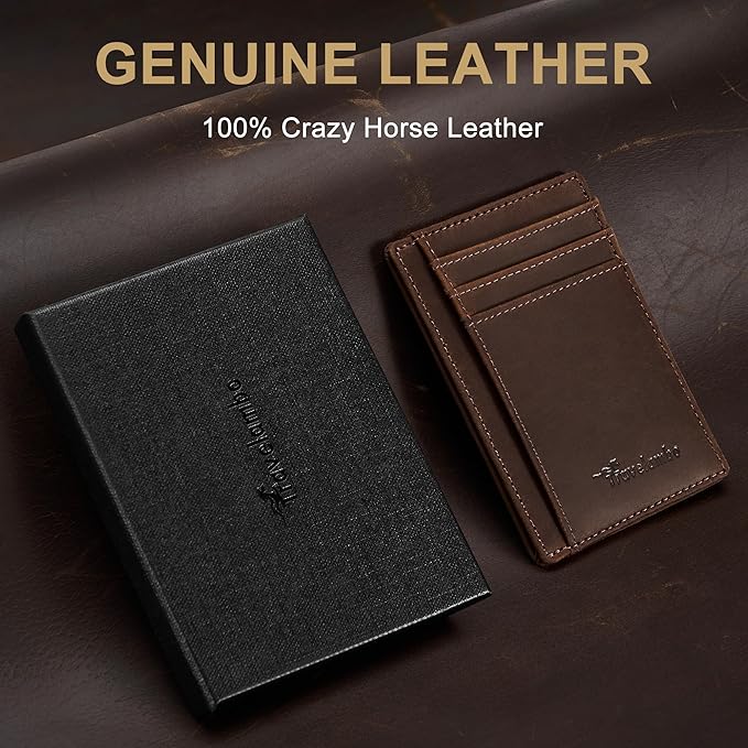 Travelambo 100% Genuine Leather Wallet for Men and Women, Slim Minimalist RFID Blocking Front Pocket Credit Card Holder with Gift Box