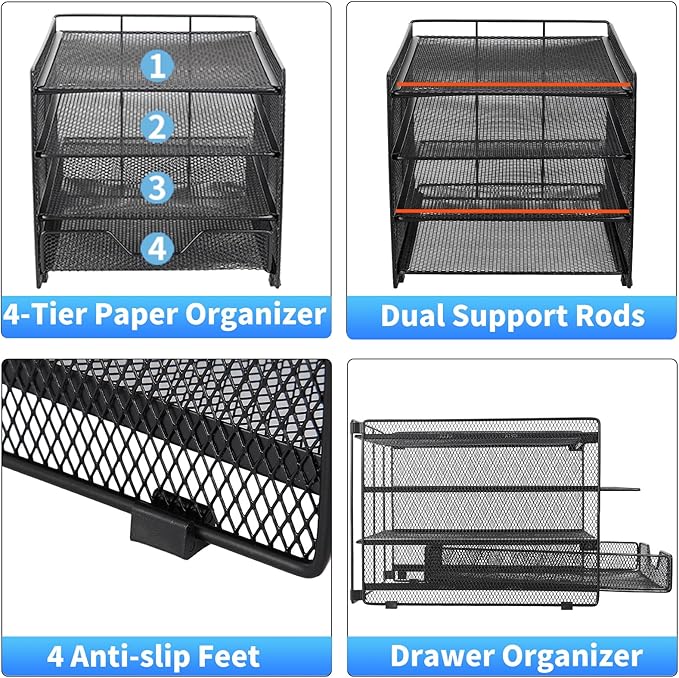 OPNICE Desk Organizers and Accessories, 4-Tier Desktop File Organizer with Drawer, Office Desk Accessories & Workspace Organizers for Office, Home Supplies(Black)