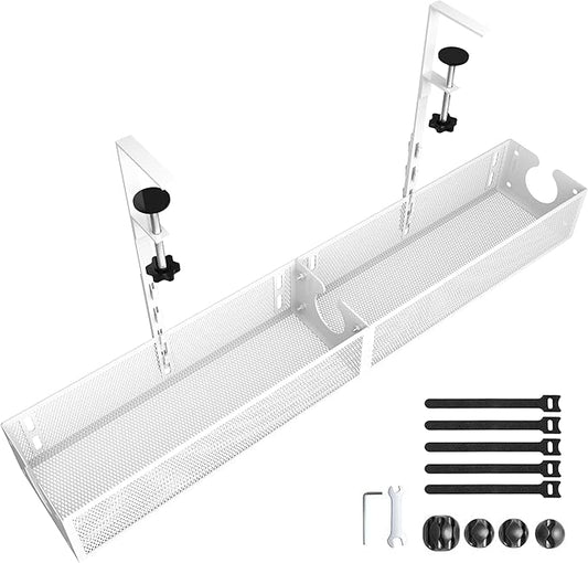 Under Desk Cable Management Tray - Fits up to 1.77" Thick Desks, No-Drill Clamp-on Wire Organizer, Reversible Inward/Outward Install, Heavy Duty Metal Power Strip Holder for Home Office & Gaming Desk