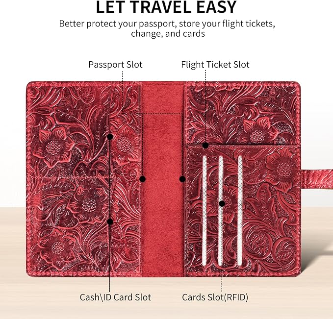 Genuine Leather Passport Holder Travel Bifold Wallet For Men And Women Slim RFID Blocking Red