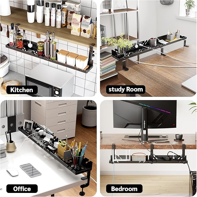 Extended Metal Under Desk Cable Management Tray with Power Outlet, No-Drill Wire Organizer with Clamp, Cord Storage Raceway for Desk Cable Management for Office Home (Black)