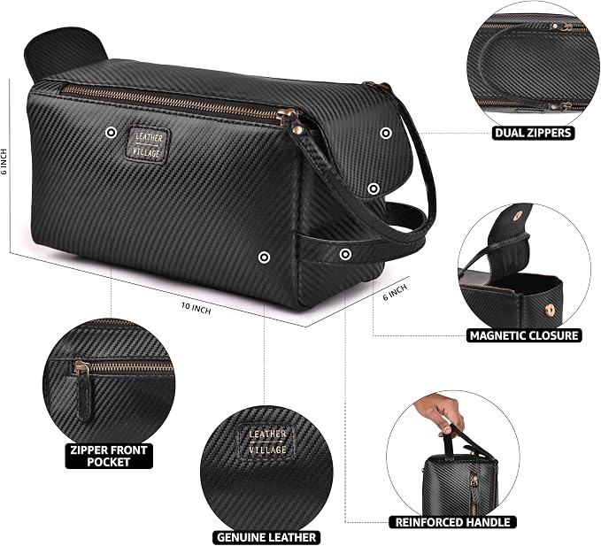 LEATHER VILLAGE Genuine Carbon Fiber Genuine Leather Travel Toiletry Bag - Large Dopp Kit, Water-Resistance Bathroom & Shaving Organizer for Men & Women - Black