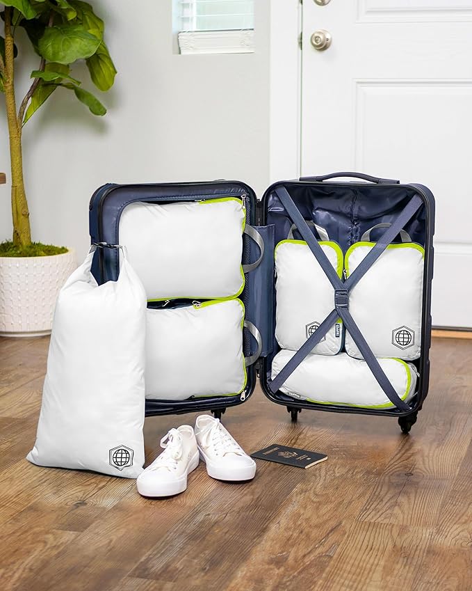 Compression Packing Cubes for Travel, 6-Piece Lightweight Packing Cubes Set for Carry-On Luggage & Backpacks – TRIPPED Travel Gear (White and Green)