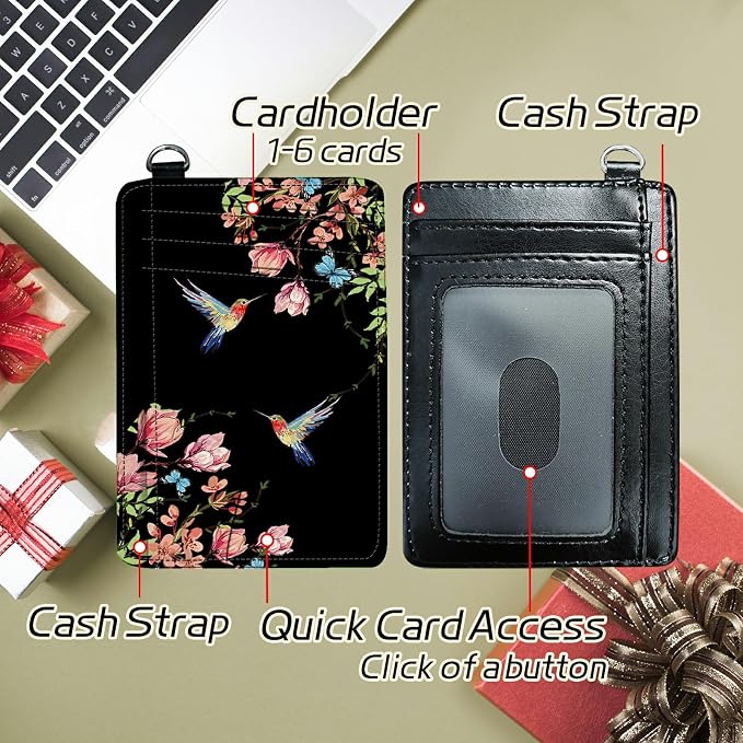 Small Travel Wallets, Hummingbird Floral Sakura Slim Minimalist Front Pocket Wallet with Wristlet, RFID Blocking PU Leather Credit Card Holder with ID Window Change Purse for Men Women