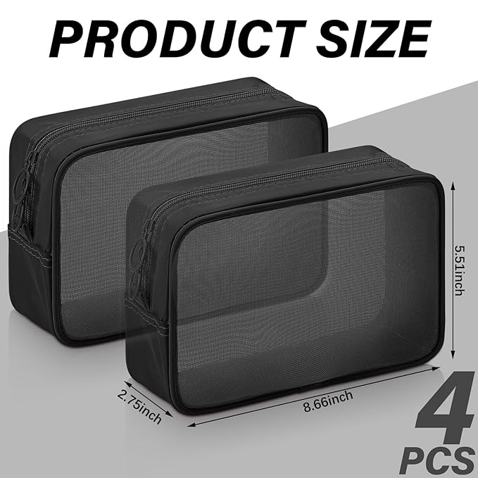 Weewooday 4 Pcs Mesh Makeup Bag Mesh Cosmetic Bag Toiletry Pouch with Zipper Mini Makeup Cosmetic Purse for Daily Accessory(Large,Black)