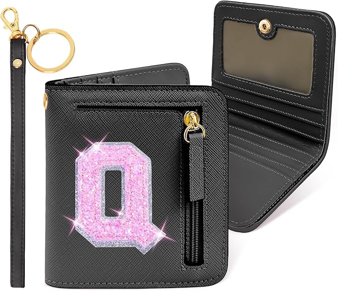 COSHAYSOO Small Wallet for Teen Girls Women with RFID Blocking Initial Monogrammed Gifts for Her Birthday Valentines Easter Mothers Nurse Day Graduation Black Letter Q