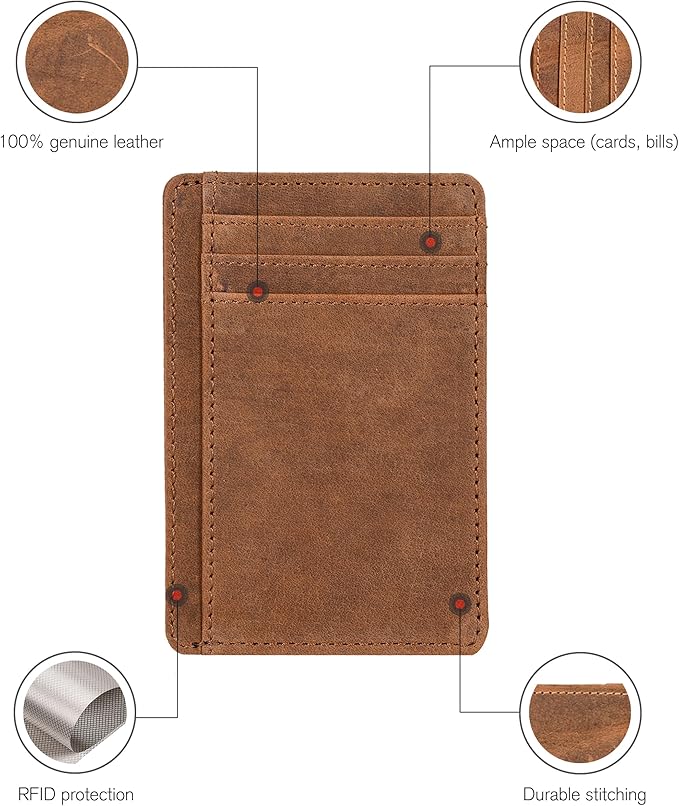 Real Leather Slim Minimalist Wallet for Men and Women -RFID Blocking Front Pocket Thin Credit Card Holder Stylish Wallets (Dark Cognac)