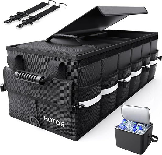 HOTOR Car Trunk Organizer - Trunk Organizer for SUV with Removable Cooler Bag, Foldable Cover, 3 Compartment Car Storage Essential Car Accessories for Truck, Van & Sedan, Black, 33.1" x 12.6" x 11.0"
