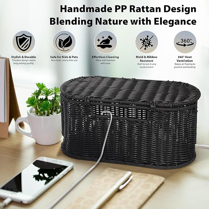 Handwoven Rattan Style Cable Management Box, Cord Organizer with Outlet Covers, Cord Hider Box for Power Strips, Cable Tidy Box for Desk, Floor and Home Organization