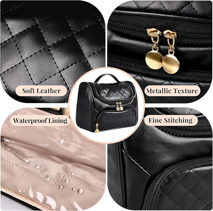 Greenfeather Cosmetic Bags for Women，Hanging Toiletry Bag with Makeup Brush Womens Travel Toiletry Bag for Women Essentials Travel Organizer for Full Sized Cosmetics and Toiletries Black