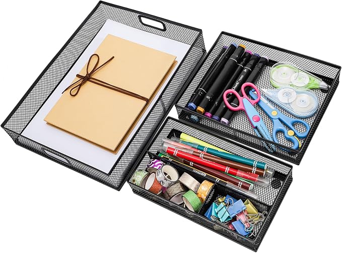Noamus 3 Pack Office Drawer Organizer, Desk Drawer Divider Tray, Metal Mesh Desktop Basket, 6 Compartments Pen Storage Box for Makeup, Stationery, Office Supplies & Accessories, Kitchen(Black,3 Size)