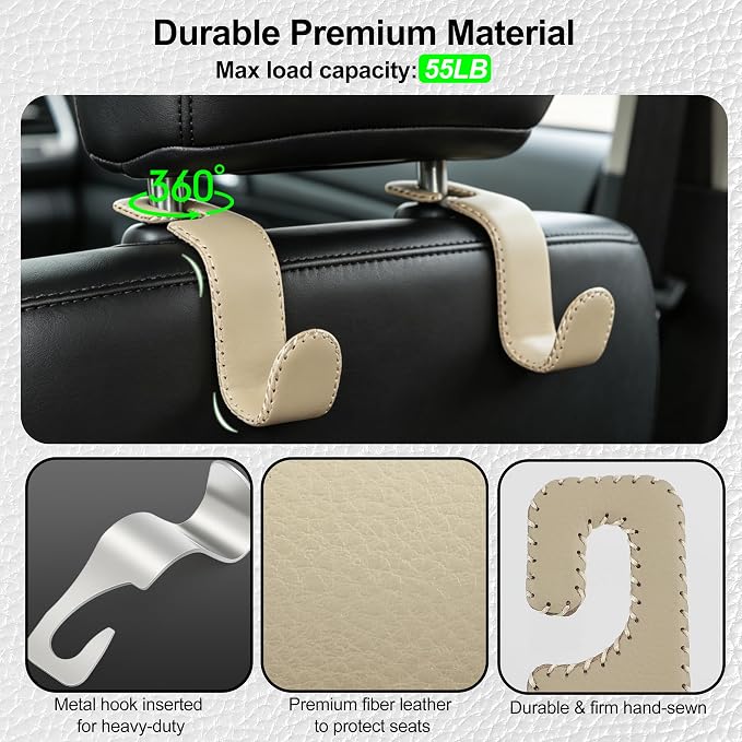 Amooca Car Seat Headrest Hook, Universal Vehicle Storage Hanger, Leather with Metal Car Seat Back Organizer for Handbag, Purse, Coat, Ergonomic Design, Beige 2 Pack