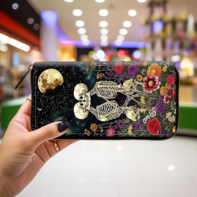 Wallet,Leather Long Wallet Suitable For Ladies And Teenagers - Detachable Wristband + RFID Travel Wallet With Card Slot - Skeleton Floral