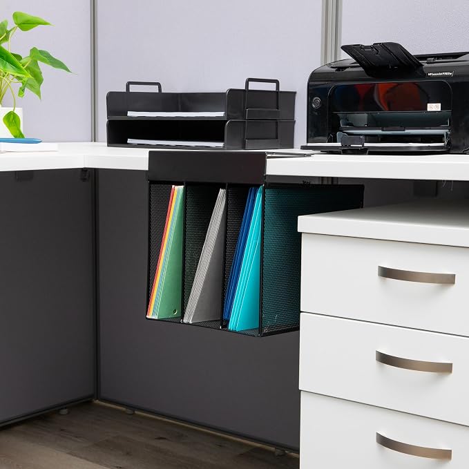 Mind Reader Slide-On Under Desk File Organizer, No Tools Required, Hanging Storage for Laptops, Folders, and Notebooks, Metal, Black