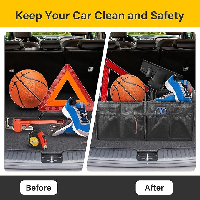 YSSOA Car Trunk Organizer, Foldable 2 Compartment 50L Storage Box with 5 Pocket & Reinforced Handle, 600D Waterproof Oxford Polyester, Non-Slip Bottom, for SUV/Truck, Black